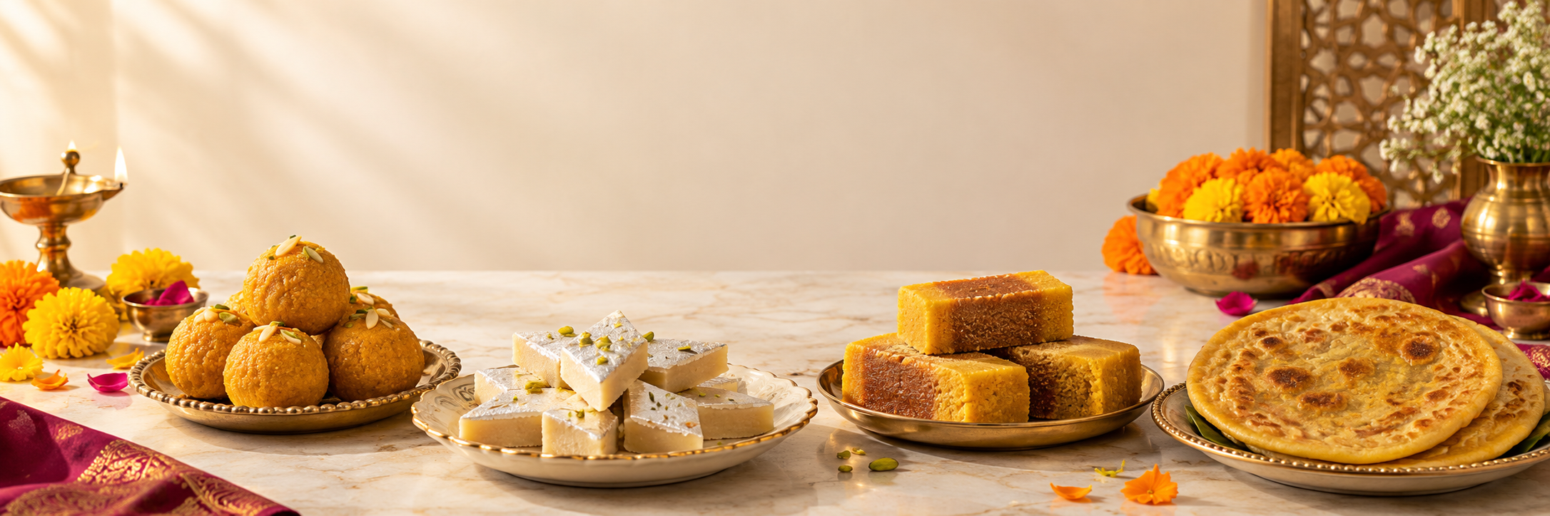 Original festive arrangement of Indian sweets on brass and ceramic plates